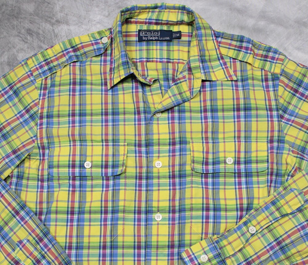 Polo Ralph Lauren Long Sleeve Shirt Mens Medium Plaid Safari Epaulets Pockets